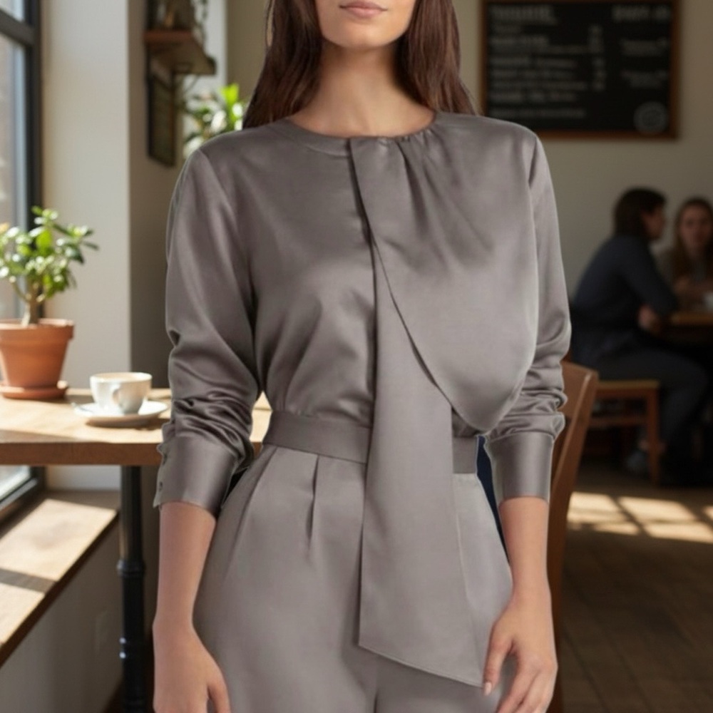 NWT Gorgeous H by Halston Gray Satin Tie-Neck Blouse
